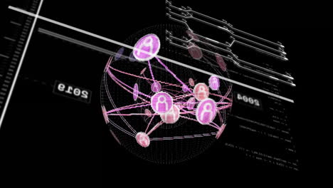 animation of globe of connections with icons over data processing on black background