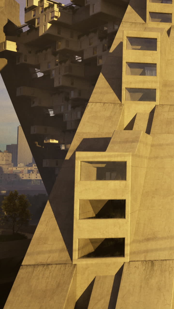 Vista di architettura urbana con strutture in cemento uniche alla luce del giorno.