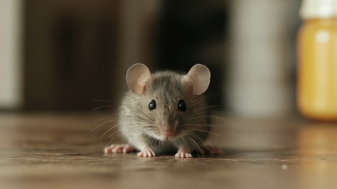 Small Gray Mouse on a Wooden Surface