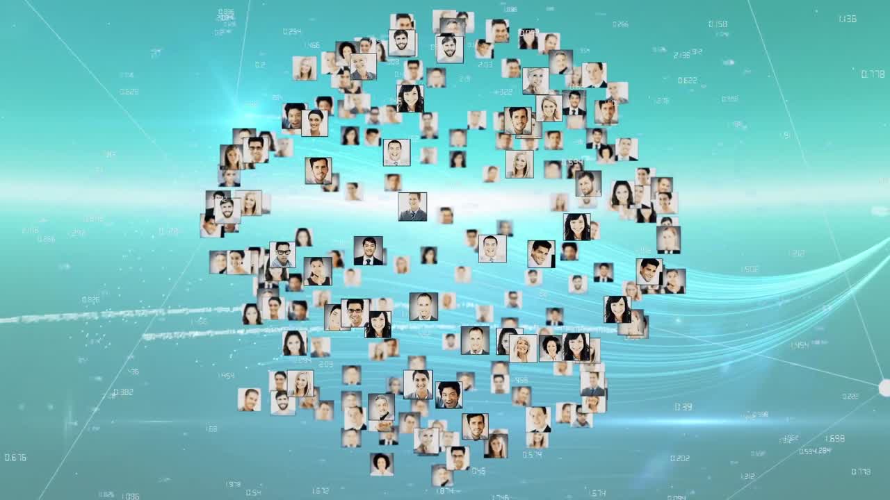 animación de un globo giratorio de retratos de personas sobre información y procesamiento de datos en turquesa