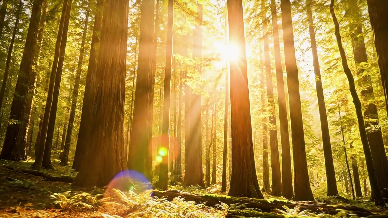 Golden sunbeams piercing through tall redwood trees in forest