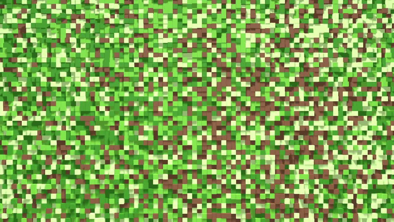3d cubos abstractos bucle. videojuego isométrico patrón de ondas de mosaico geométrico. construcción de paisajes de colinas utilizando bloques de hierba marrón y verde. fondo de píxeles. estilo minecraft. bucle de animación 3d 4k