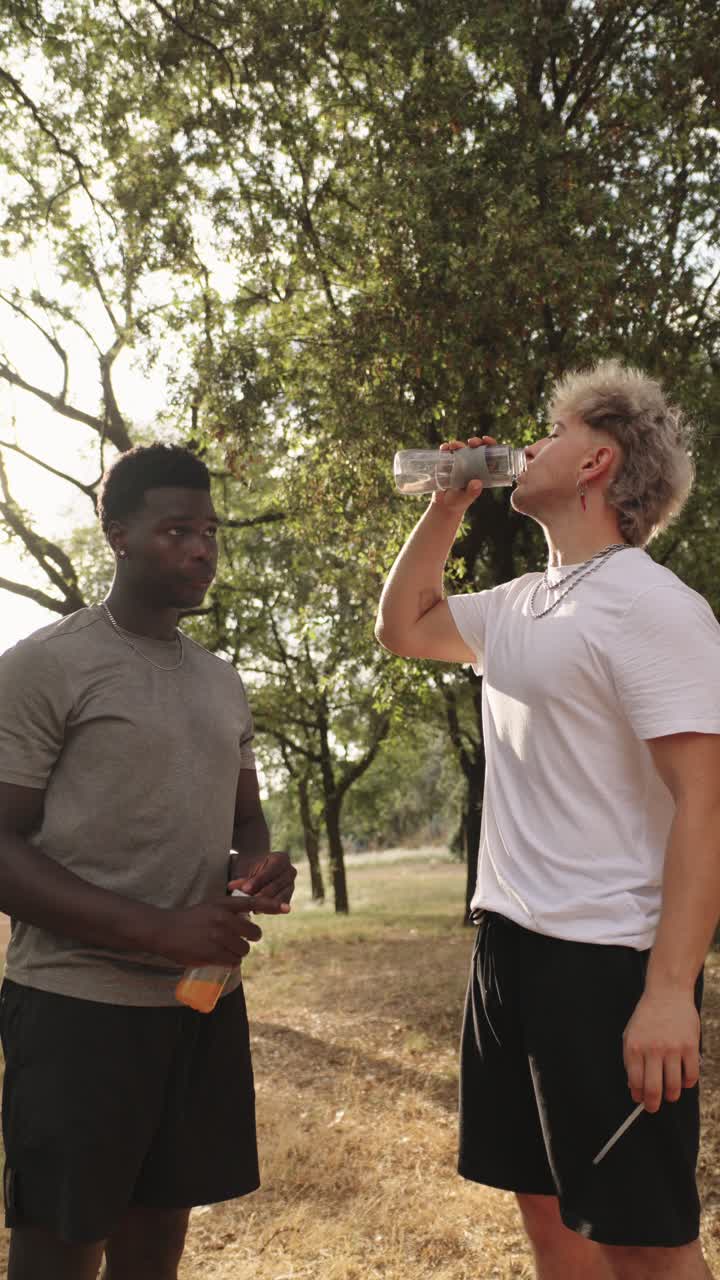 Two men hydrating outdoors