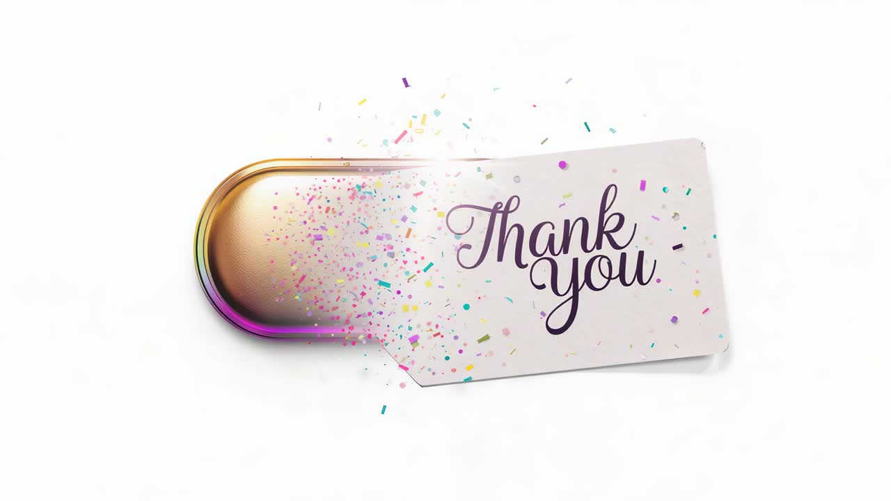 Metallische Pillenkapsel platzt und ein weißes Etikett mit der Aufschrift „Thank you“ auf weißem Feld erscheint, Konfetti sprüht