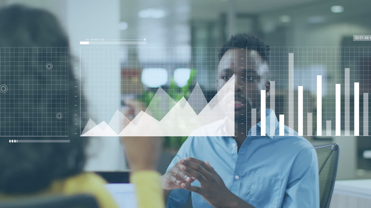 Animation of financial data processing over diverse business people in office