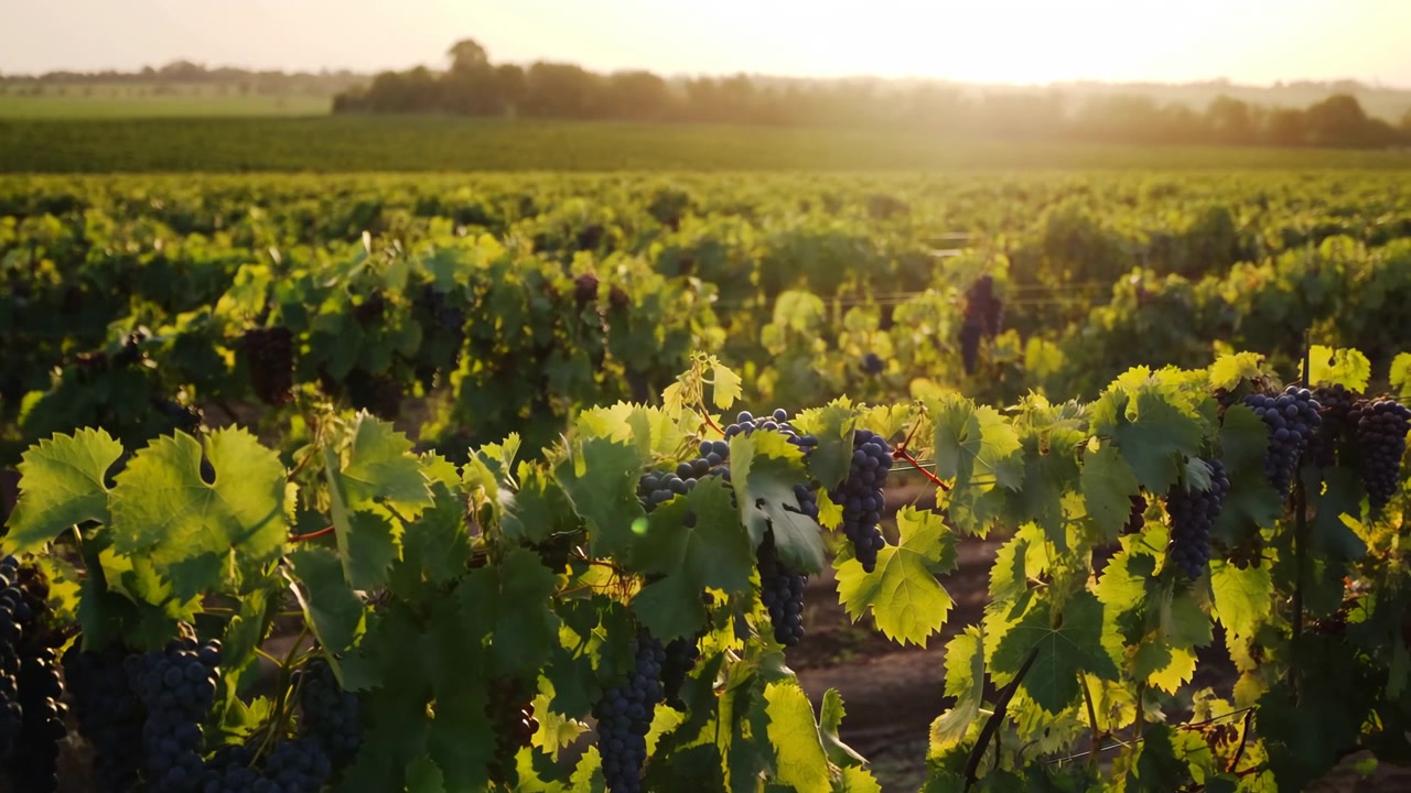 Vigneto al tramonto, grappoli d'uva maturi scintillanti alla calda luce del sole su filari ondulati di viti verdi, Dronelow