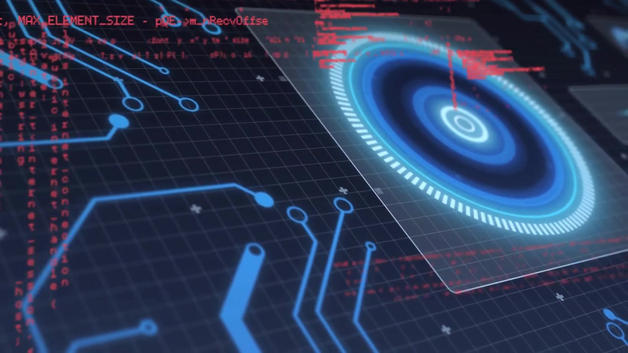 Digital animation showing futuristic blue circuit patterns with red data overlays