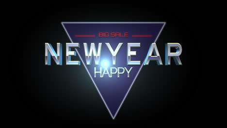 Retro-Happy-New-Year-text-with-neon-triangle-in-dark-galaxy