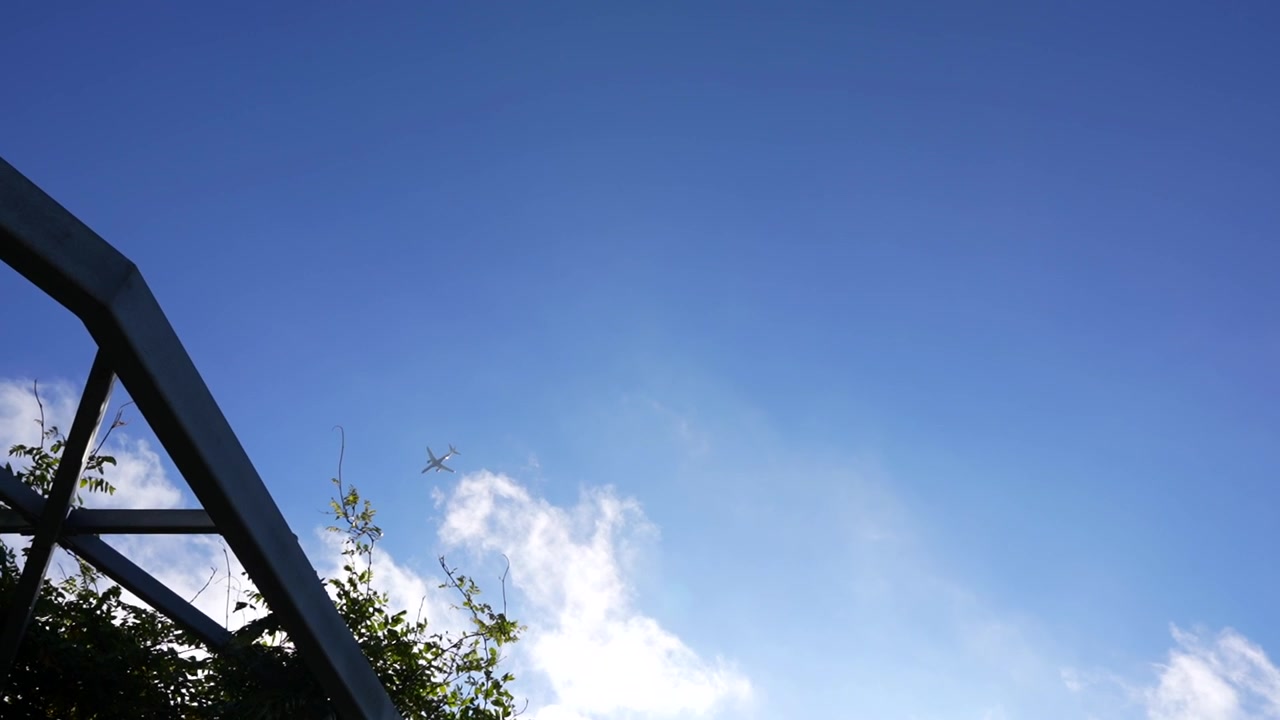 植物のある超高層ビルのテラス上空を飛行する飛行機のトラッキングショット