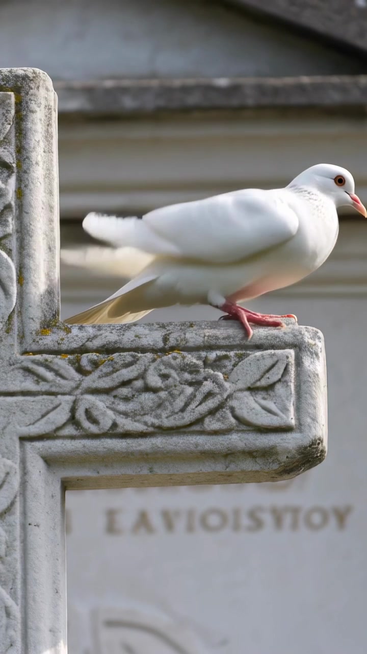 Video verticale: Colomba bianca che entra nell'inquadratura, vola e atterra per posarsi su una sporgenza di una croce di pietra in un mausoleo.