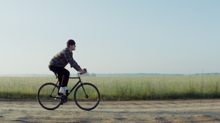 Man Cycling Through a Field at Sunrise