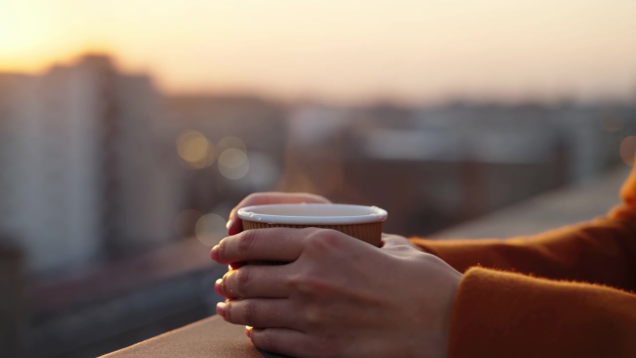 Primo piano di un adulto che tiene una bevanda calda in un bicchiere di carta accanto a una ringhiera del balcone, con uno skyline della città leggermente sfocato nella calda luce dorata della sera.
