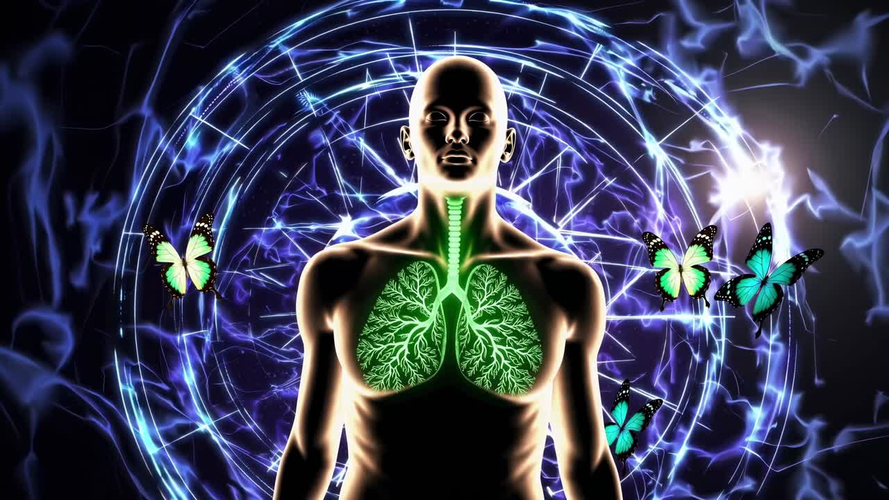 Human figure with glowing lungs surrounded by butterflies and energy patterns, illustrating the connection between life, nature, and vitality in a dynamic visual sequence