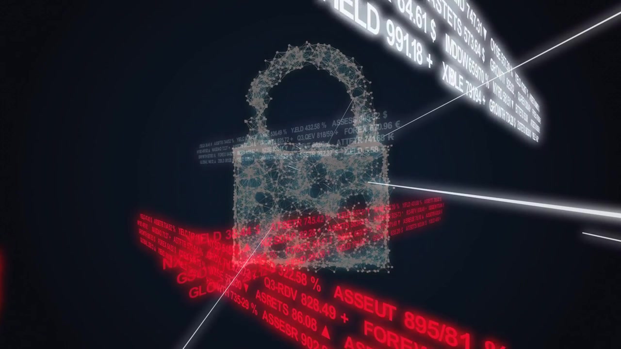 Point-cloud tightening into brain mesh, white beams causing padlock morphing for finance security