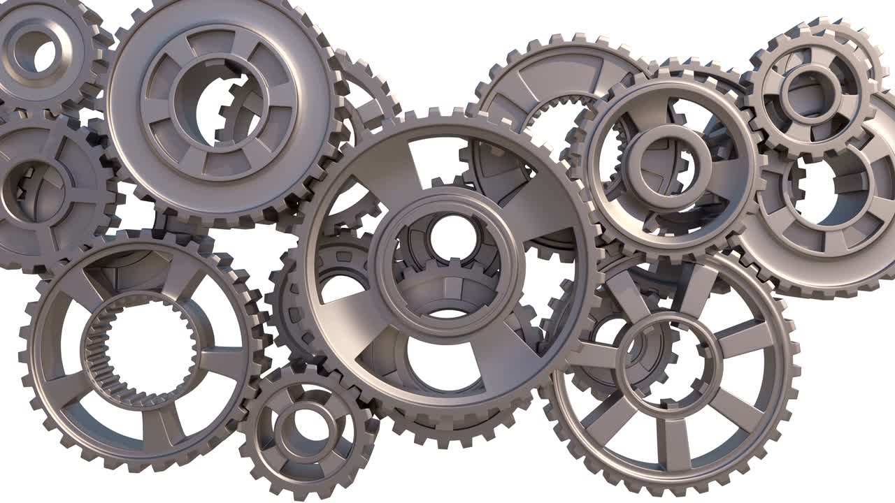 el mecanismo de engranajes metálicos. zoom out animación 3d en fondo blanco y negro con pantalla verde. proceso de trabajo abstracto. trabajo en equipo concepto de negocio y tecnología.