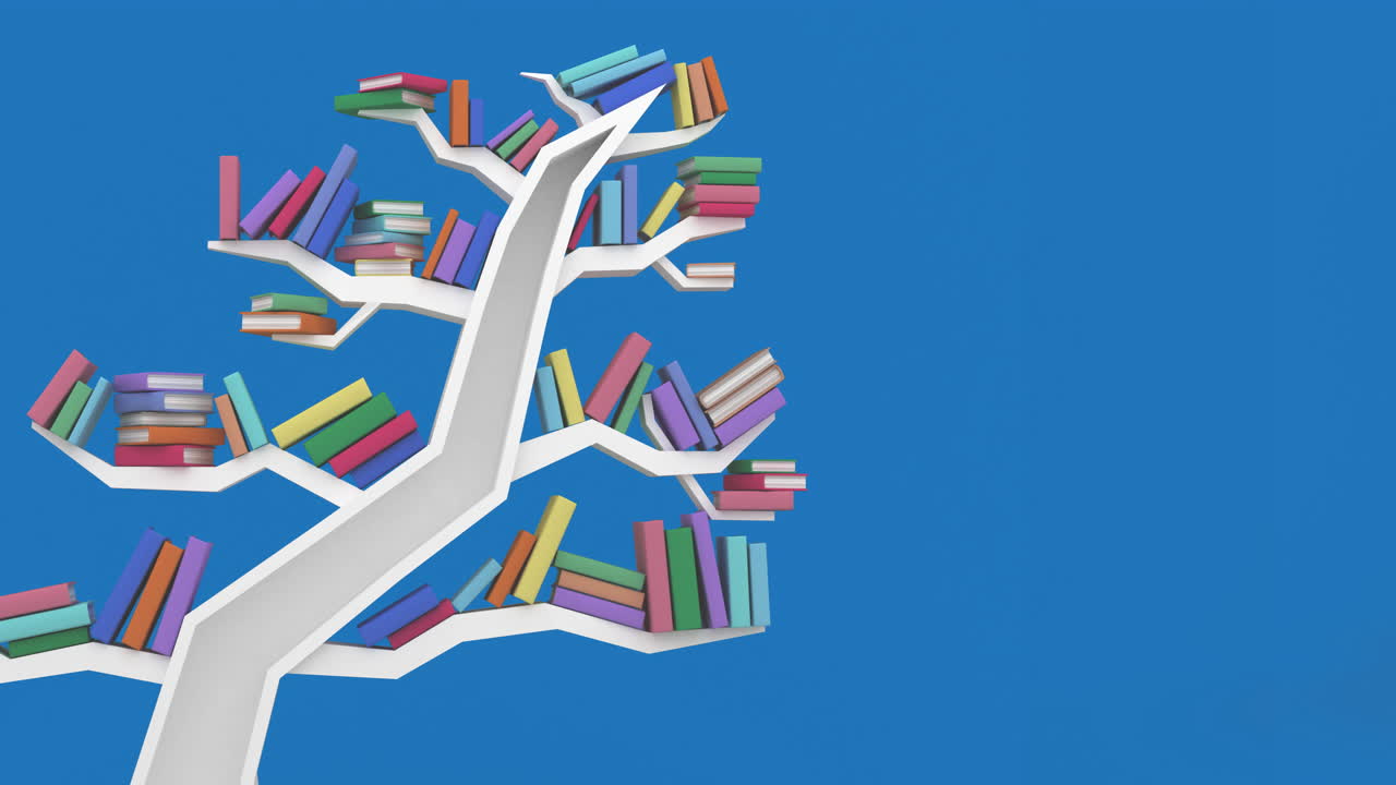 Animation of bookcases in the shape of human head and tree on blue background