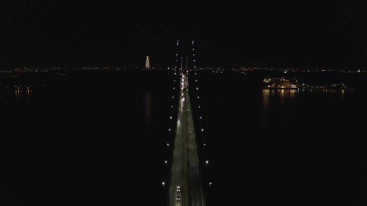 Topdown view Iconic 25th of April bridge above Tagus river at night