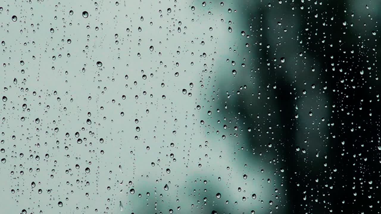 gotas de lluvia en una ventana con una vista borrosa de los árboles afuera, creando una atmósfera serena y lluviosa