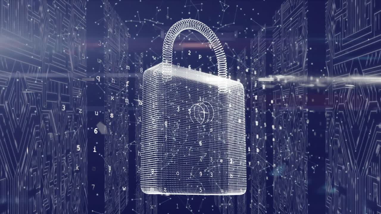 Animation of online security padlock and data processing over computer circuit board