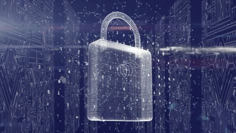 animación del candado de seguridad en línea y procesamiento de datos a través de una placa de circuitos informáticos