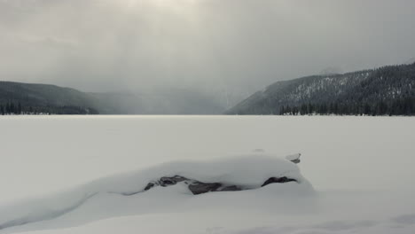 Registro-Cubierto-De-Nieve-En-Primer-Plano-Con-Un-Enorme-Paisaje-De-Lago-Congelado-Detrás