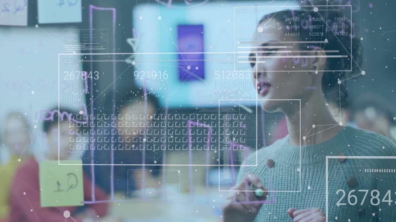 Animation of interface with data processing over biracial man writing on glass board at office