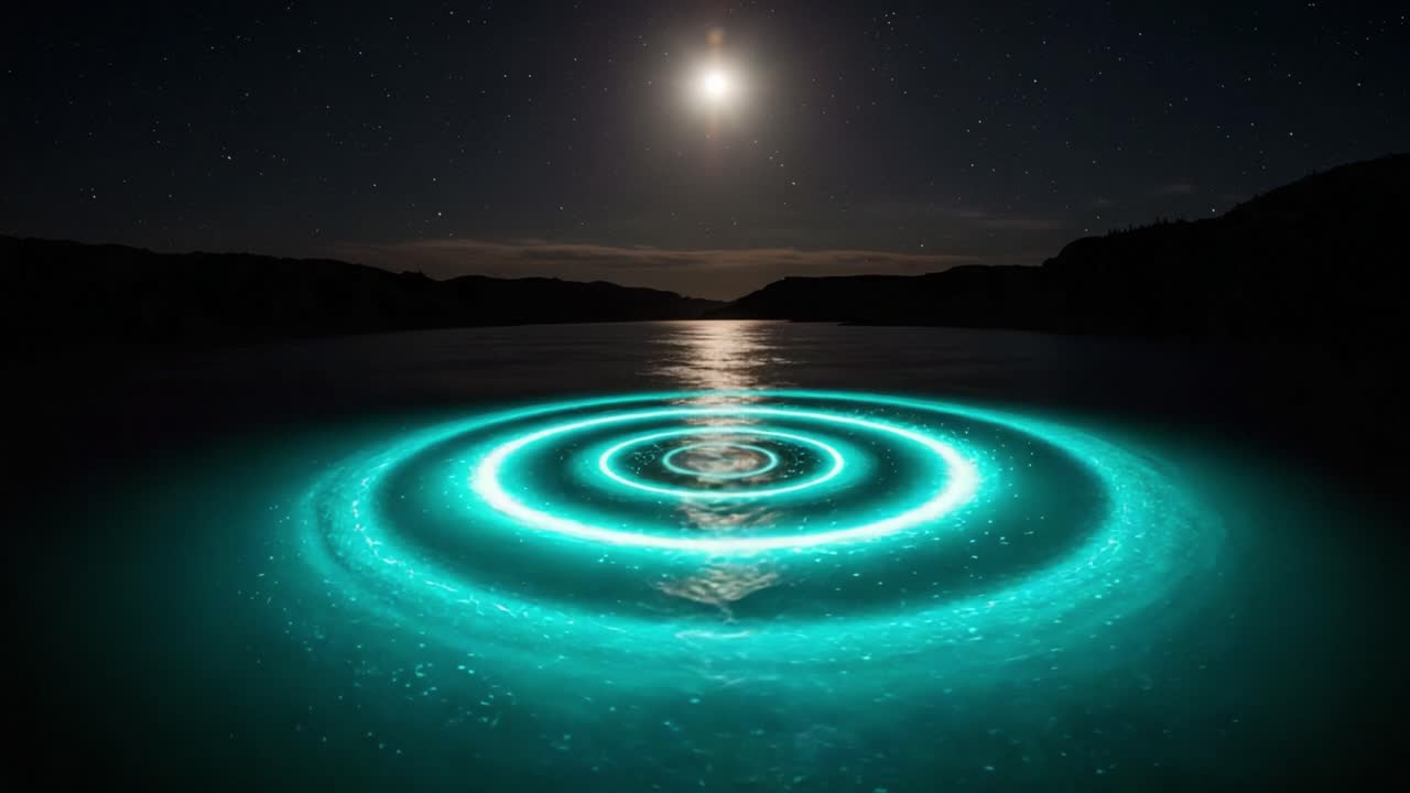 Mesmerizing Light Patterns Dance on the Water Under Moonlight, Creating Hypnotic Ripples in the Calm Lake at Night, Surrounded by Stars and Tranquility