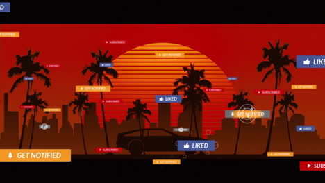 animación del procesamiento de datos de las redes sociales sobre el sol y las palmeras sobre fondo rojo