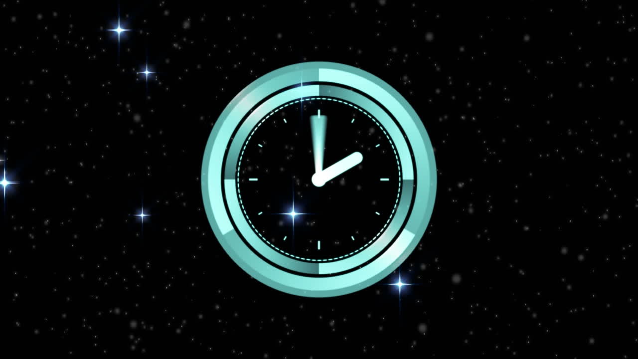 Animation of clock with moving hands on starry sky