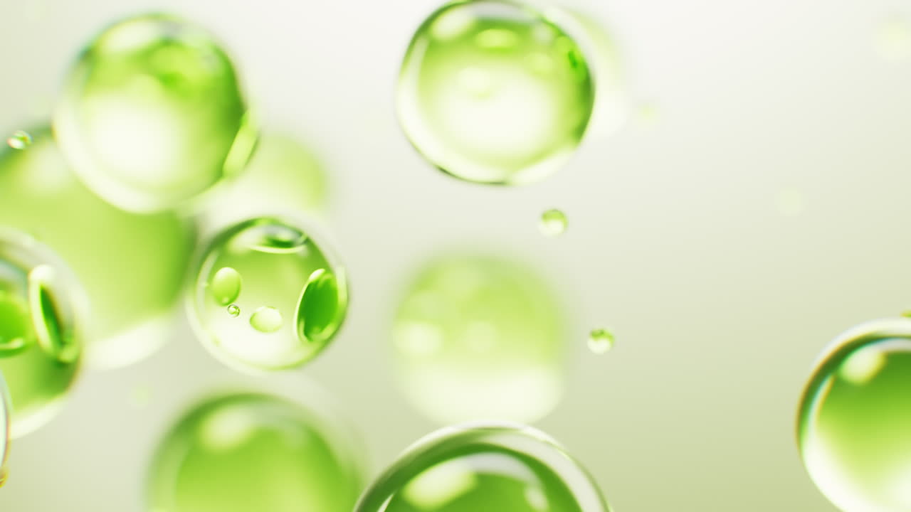 Transparent green liquid bubbles background, 3d rendering