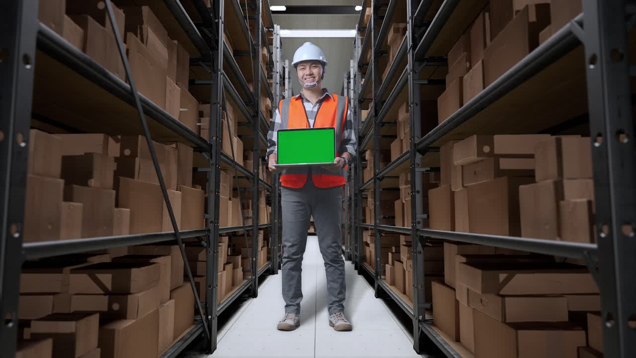 cuerpo lleno de ingeniero masculino asiático con casco de seguridad de pie en el almacén con estantes llenos de productos de entrega. sonriendo y mostrando la pantalla verde portátil a la cámara en el almacenamiento
