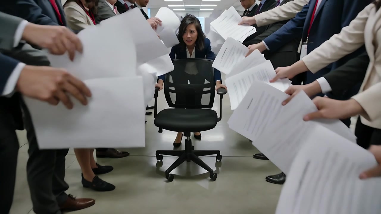 Una donna asiatica con blazer e gonna spinge una sedia con rotelle mentre il personale agita documenti nel corridoio dell'ufficio.