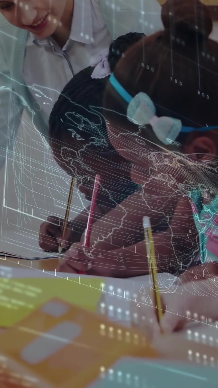 Vertical video: Teacher guiding students writing for education, globe overlay flowing across papers