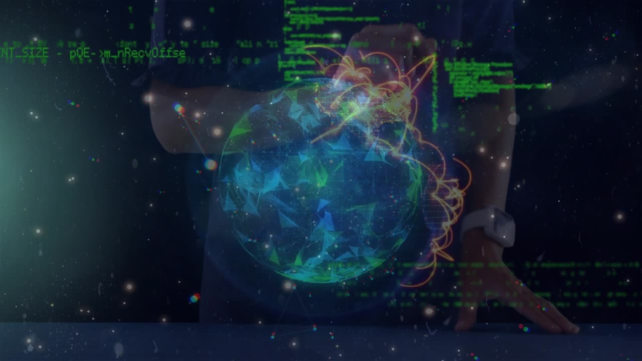 Animation of globe and data processing over caucasian man