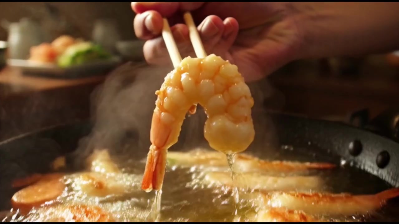 Chef Fritando por Imersão Tempura de Camarão e Vegetais em uma Cozinha
