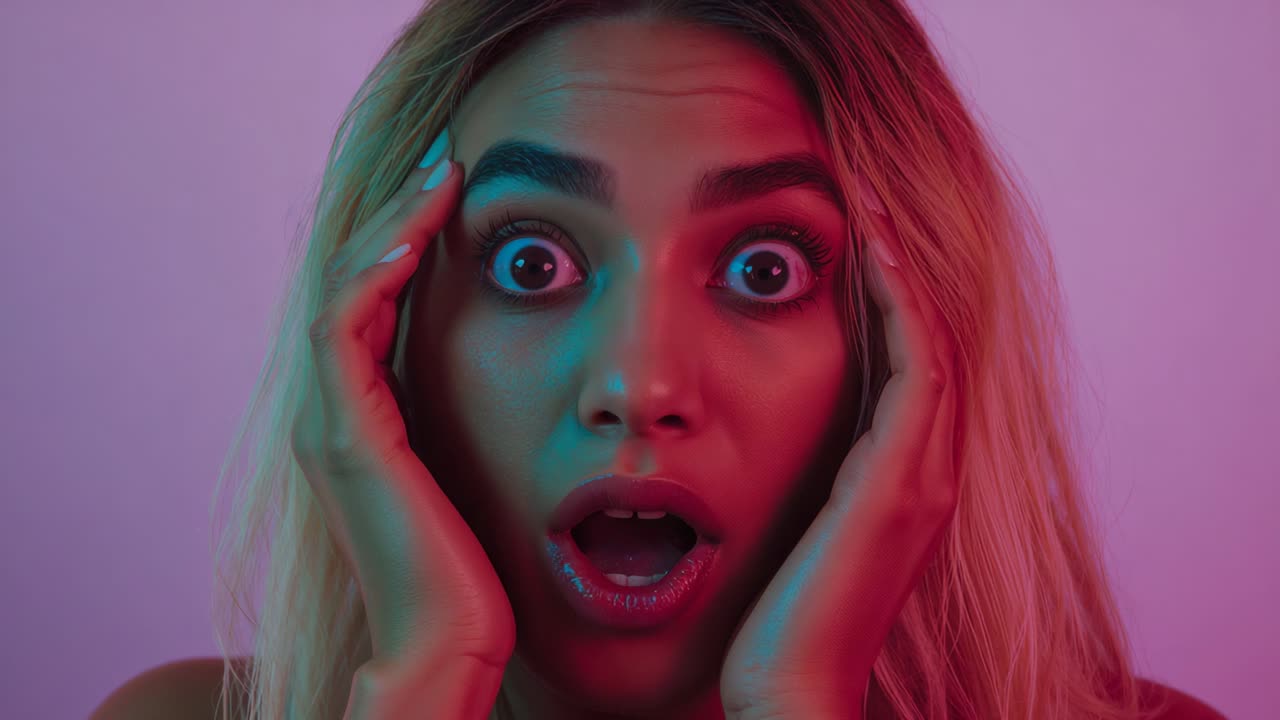 Reacting to shocking news, woman widening eyes, smoothing hair back on pastel set with gel lights