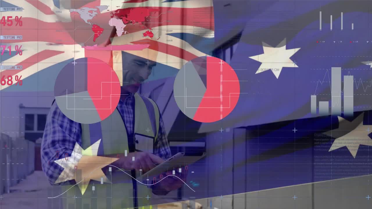 태블릿에 있는 영국 국기 위의 현장 노동자.