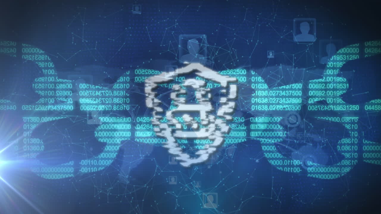 animación de candado y cadena de seguridad en línea con iconos de personas sobre fondo azul