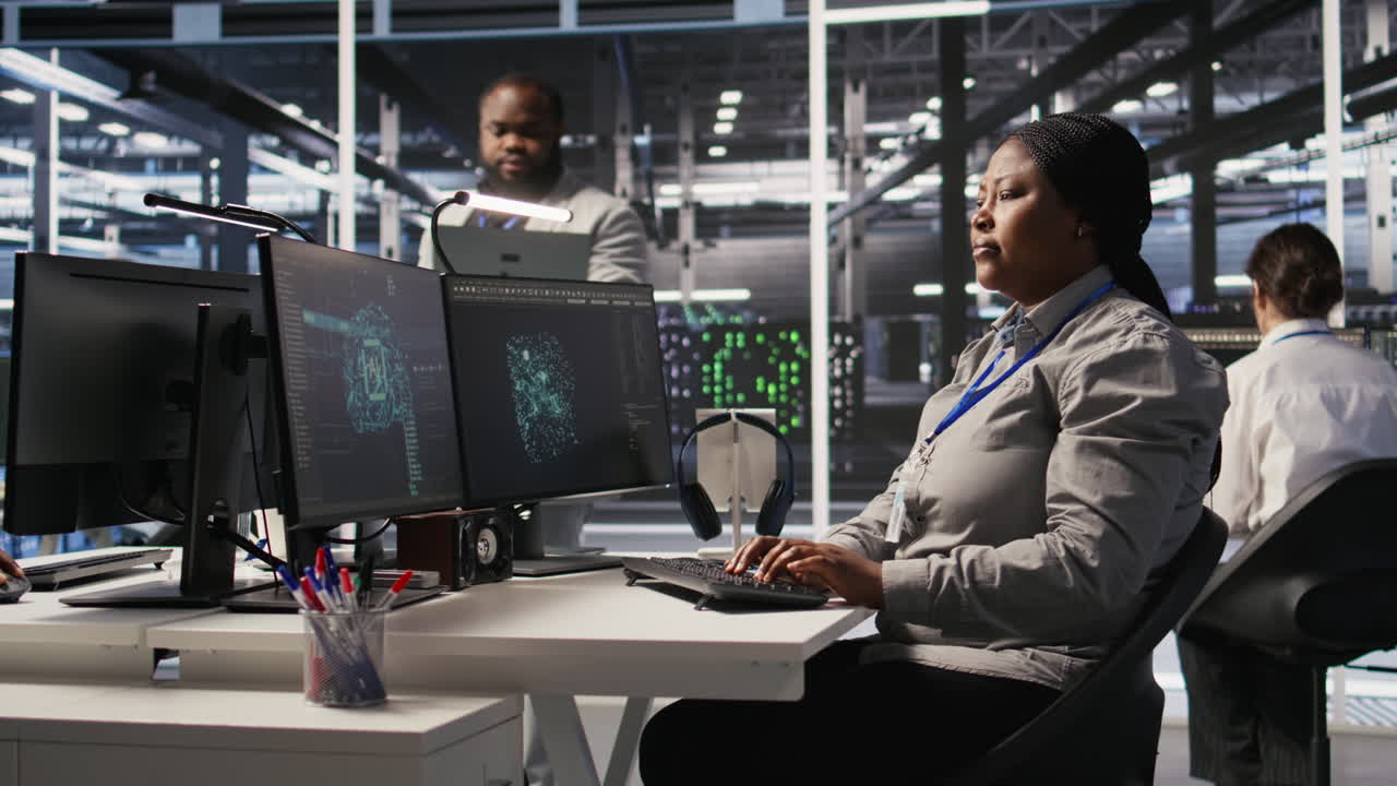 Vertical video Data center expert doing software updates, verifying machine learning parameters