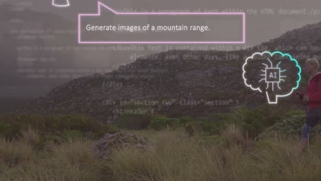 animation of ai text and speech bubbles over landscape