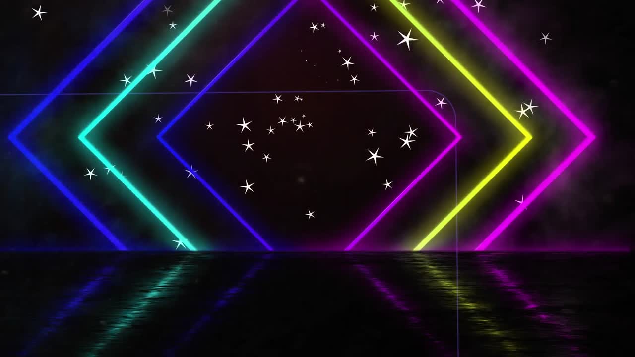 밤하늘의 물선과 별 위에 움직이는 다채로운 기하학적 모양의 애니메이션