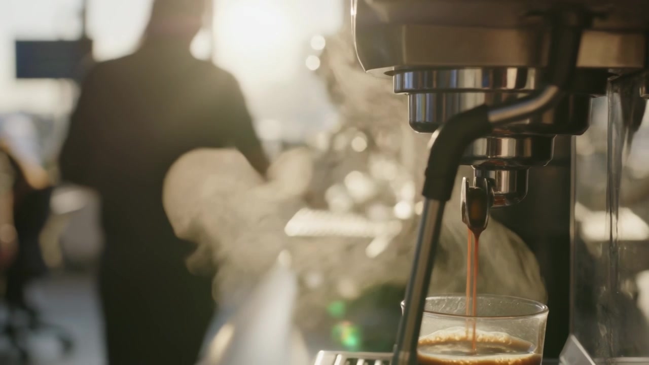 Portafiltro che si innesta, macchina da caffè che eroga un espresso per servire gli ospiti al bancone del bar con il personale in grembiule.