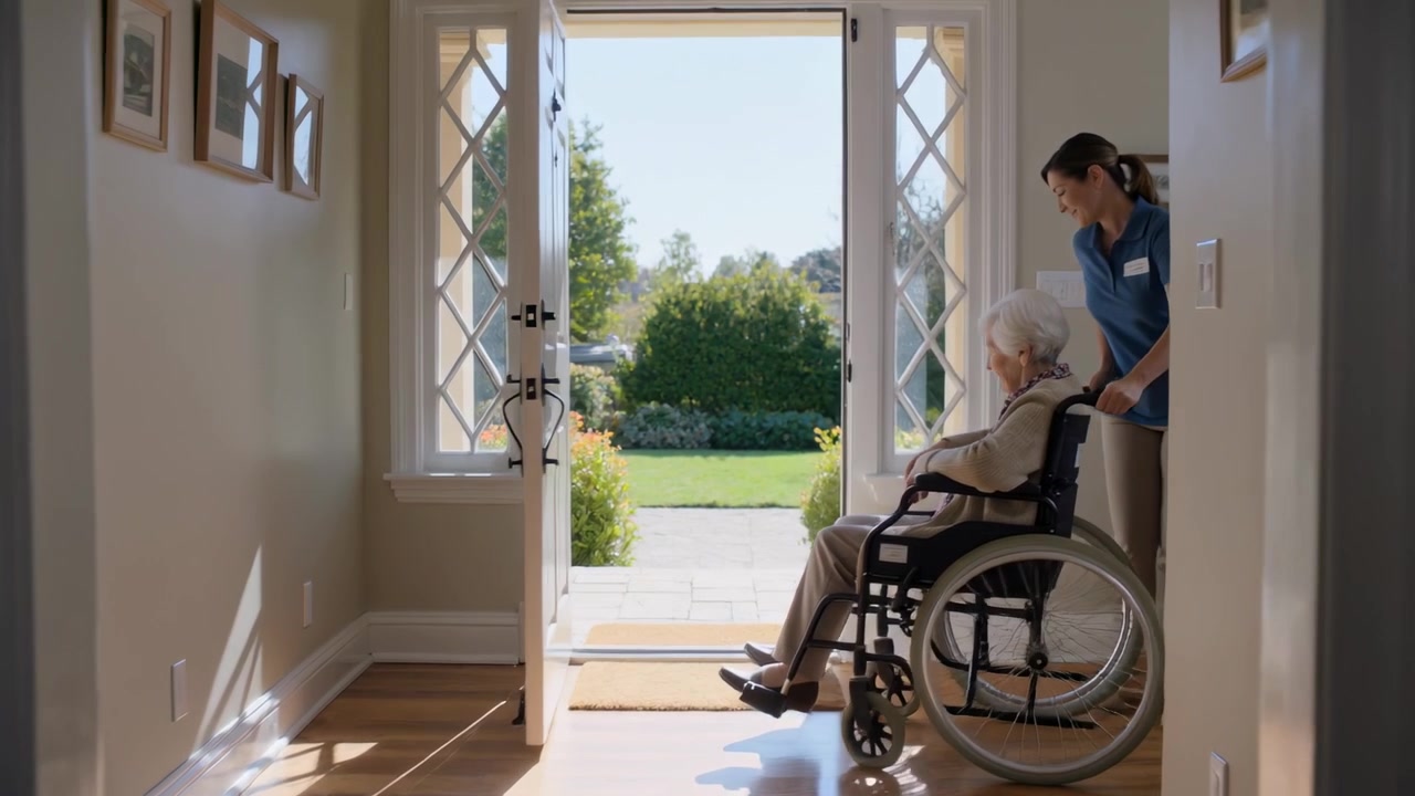 Un assistente con polo blu raggiunge la maniglia, tira la porta e guida la sedia a rotelle, permettendo all'anziano di vedere il giardino di casa.