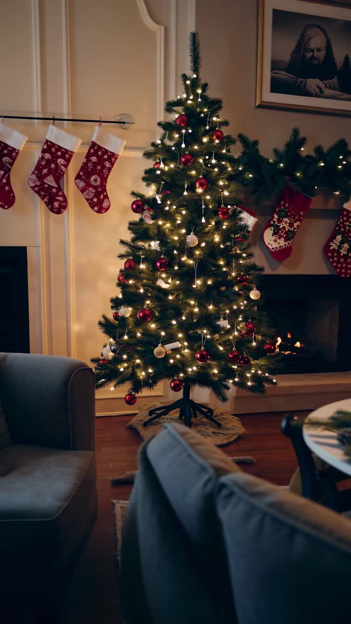 Cozy Christmas living room scene with a decorated tree and stockings by the fireplace
