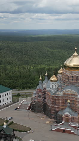 aerial view of a russian orthodox monastery under restoration