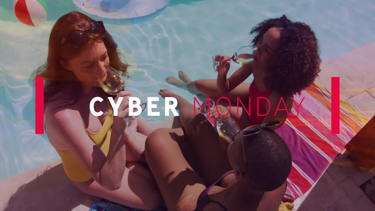 Animation of women in swimsuits having drinks by pool with Cyber Monday text