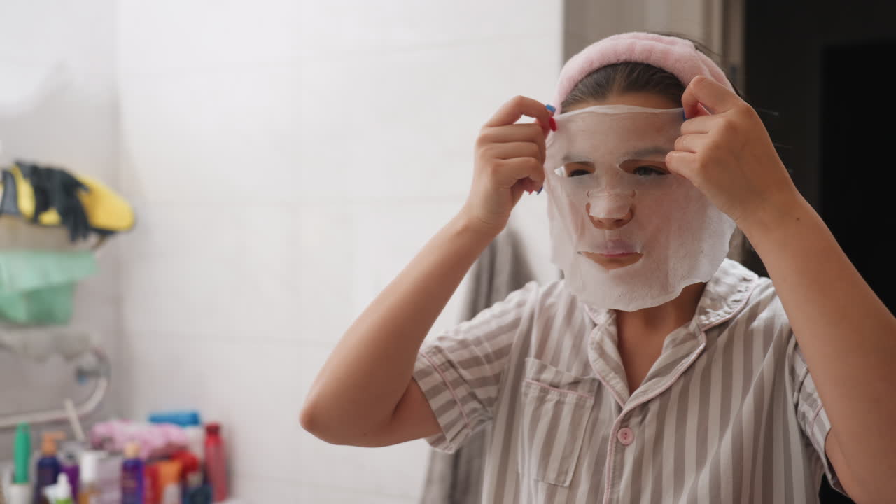 Young Lady Applies Mask Relaxing Routine, Teenage Female Engaged In Soothing Skincare Process At Home, Young Lady Performs Detailed Facial Treatment In Front Of Bathroom Mirror For Relaxation