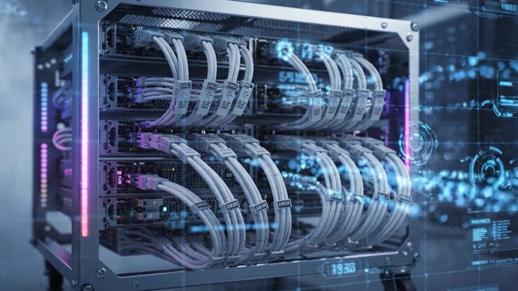 Rack server ad alta tecnologia circondato da flussi di dati digitali e nebbia in un moderno data center con tecnologia avanzata e sistemi di visualizzazione dati trasparenti.