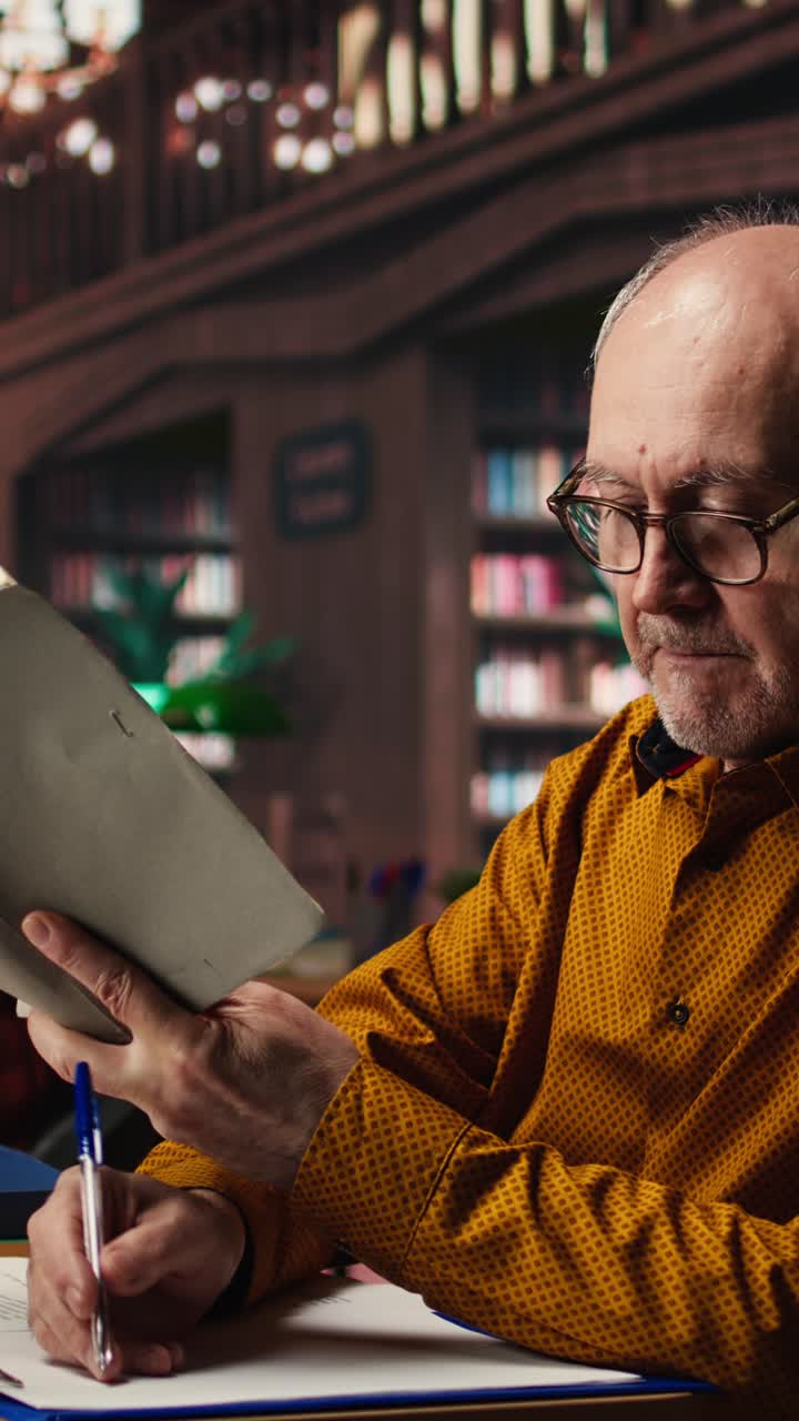 Vertical Video Elderly man immersed in reading and writing at a university campus library