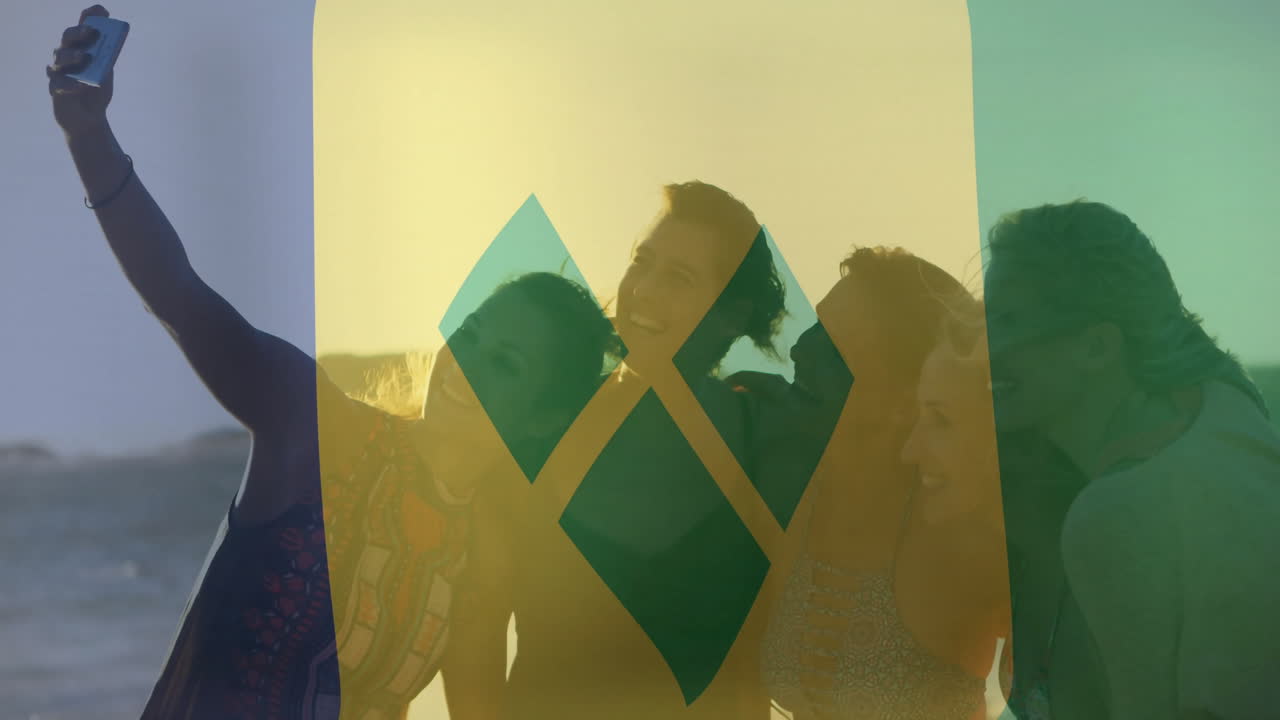 Group of friends taking selfie over Saint Vincent and Grenadines flag animation